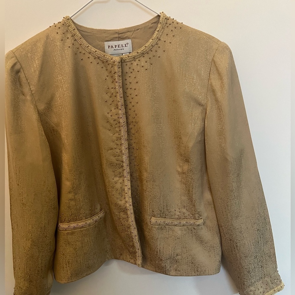 PAPELL BOUTIQUE EVENING 100% SILK JACKET. GOLD TONES W/BEADING. SIZE 14 PETITE